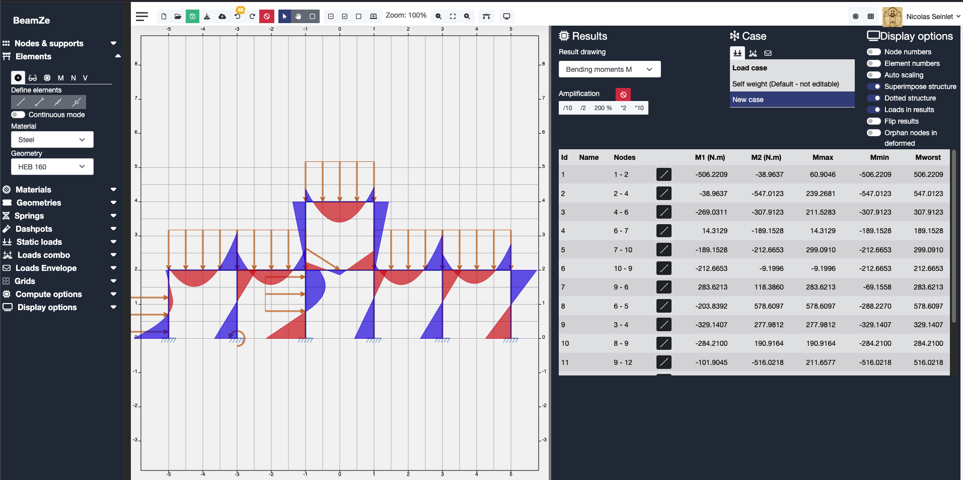 BeamZe bending moments results screenshot