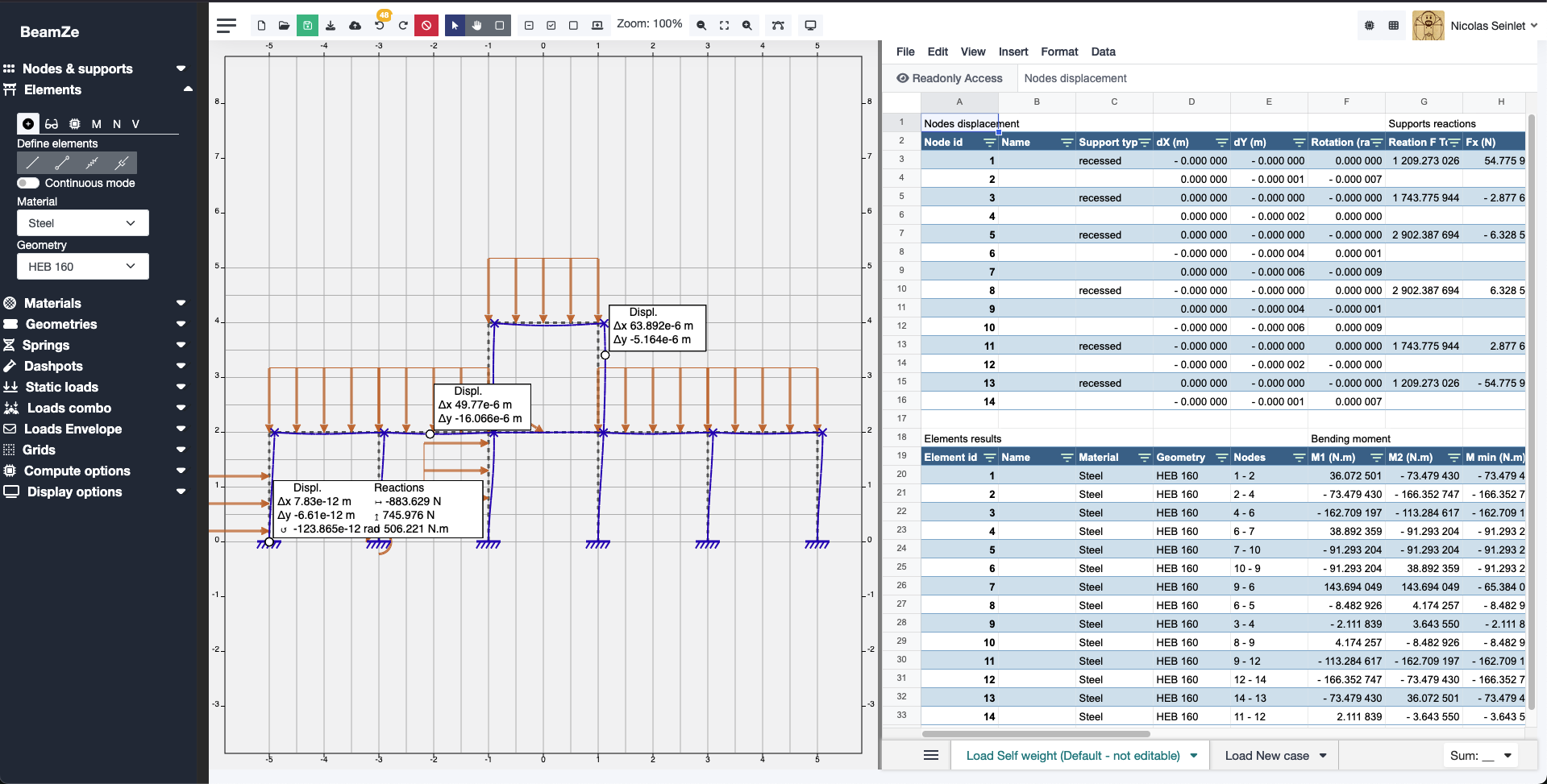 BeamZe bending displacements results screenshot with a spreadsheetsyle view